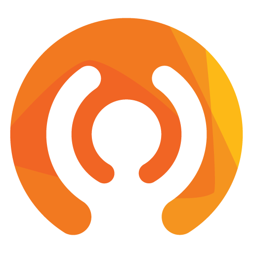 Orange abstract logo featuring a circular design with a smaller circle in the center and two curved shapes embracing it, symbolizing connection and care.