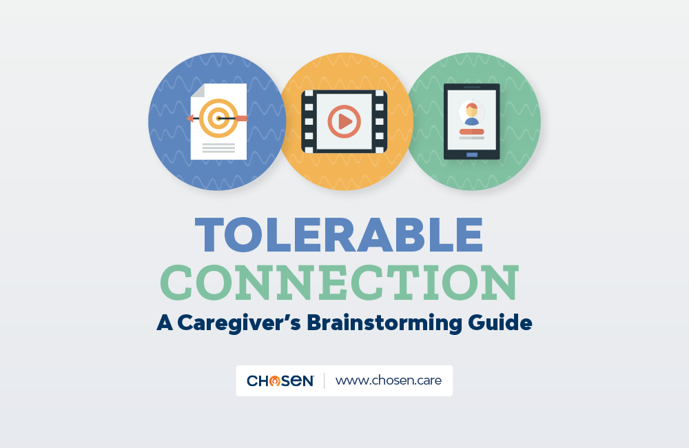 Graphic design featuring three circular icons: a document with a target symbol, a film strip with a play button, and a smartphone with a profile image. Below the icons, the text reads: "Tolerable Connection: A Caregiver’s Brainstorming Guide." The logo "Chosen" and the website "www.chosen.care" are displayed at the bottom.